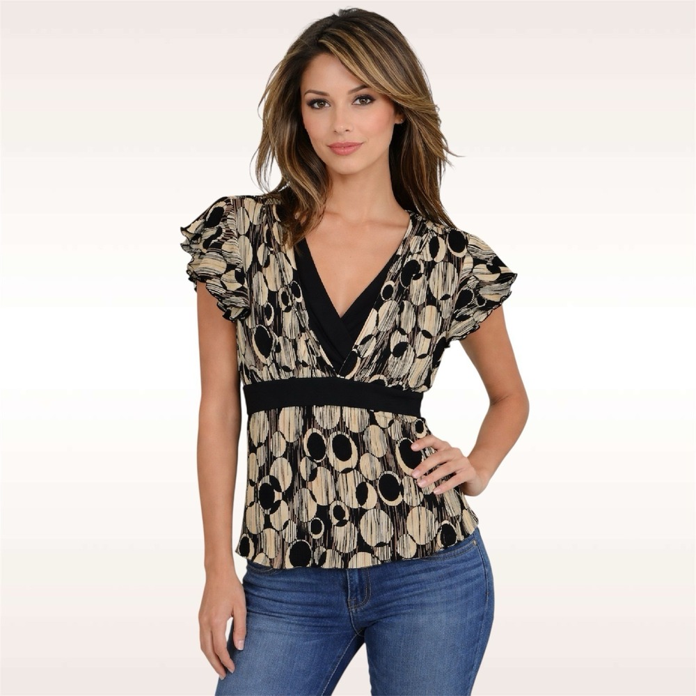 Vintage Y2K Faux Wrap Top Babydoll R&M Richards 14P Brown Black Stretch‎ Crinkle